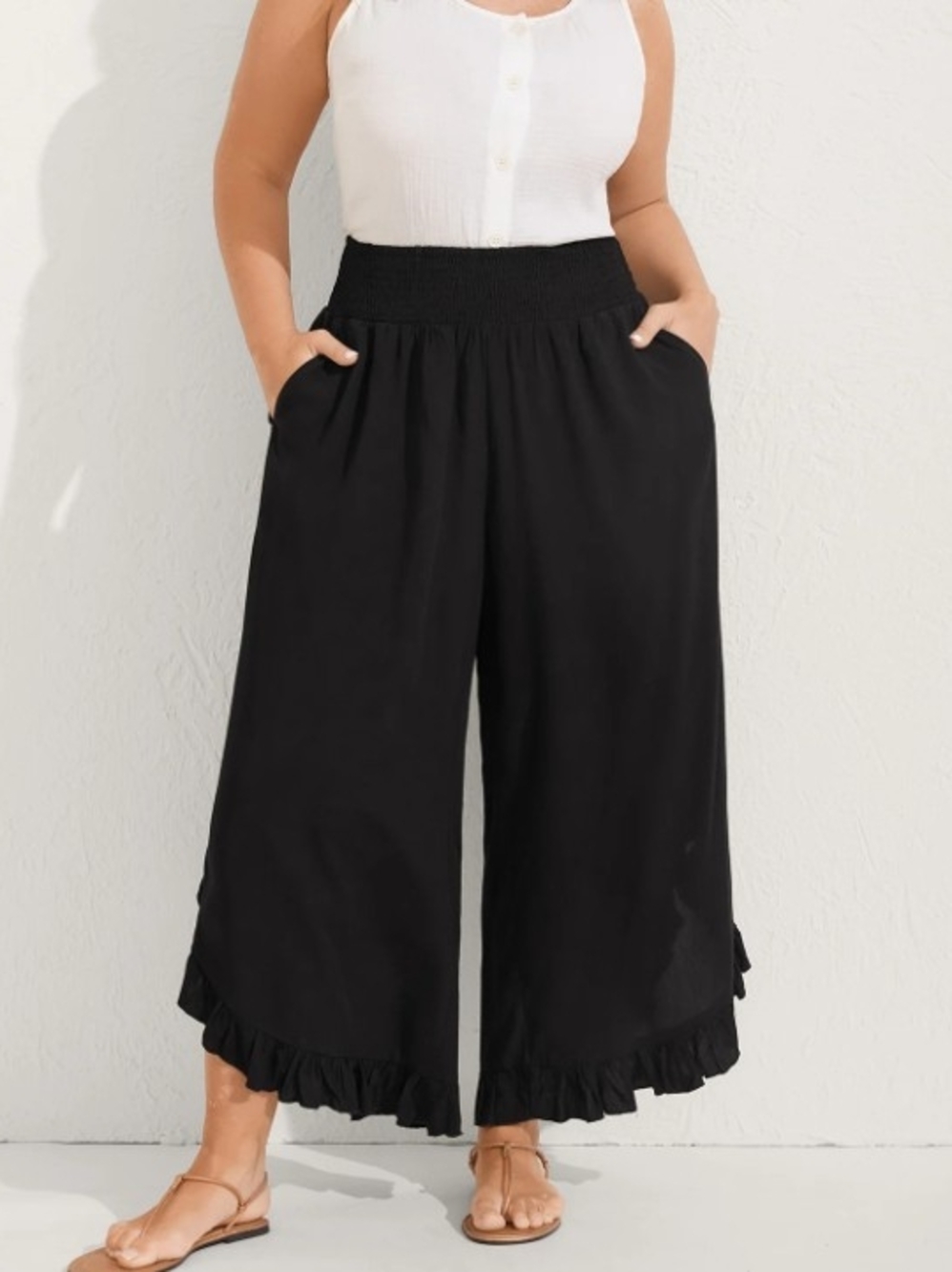 Bloomchic Plus Size Black Ruffle Hem Wide Leg Pants